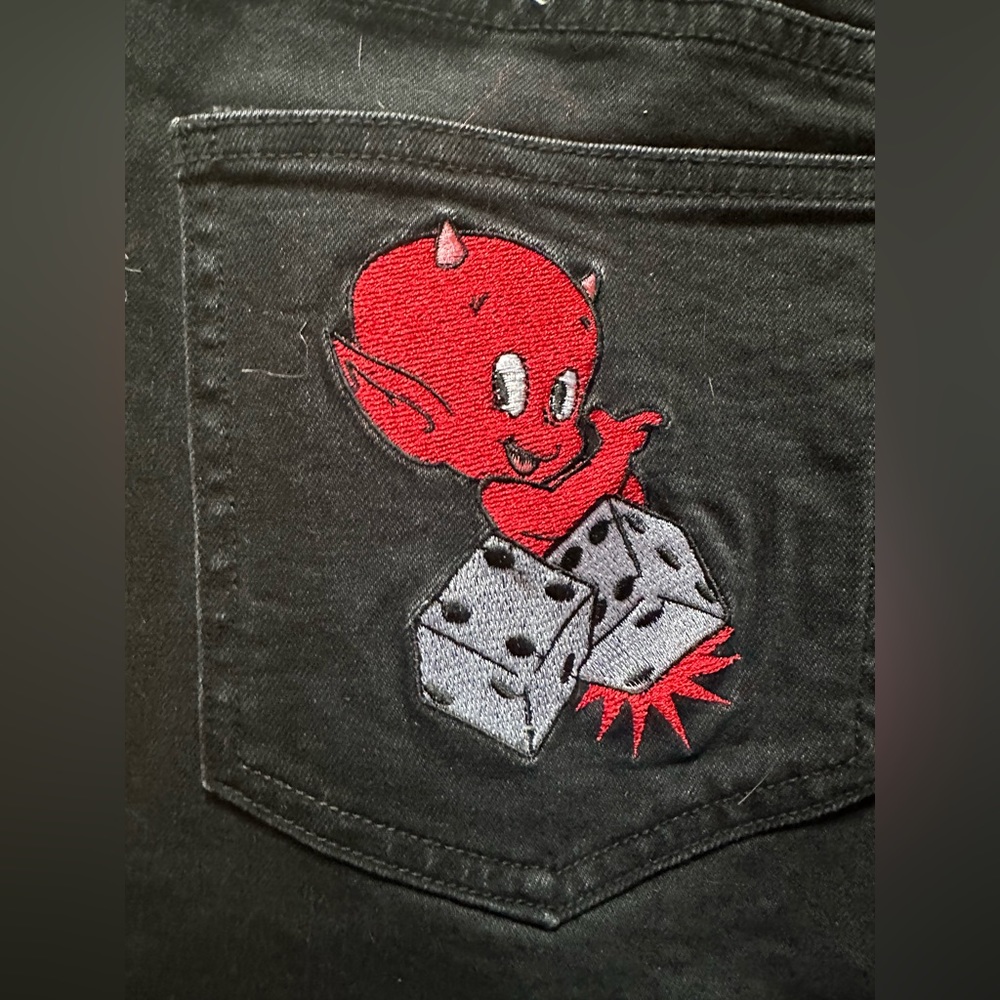 Dolls Kill Black and Red Flame Boot Cut Jeans - Picture 6 of 9